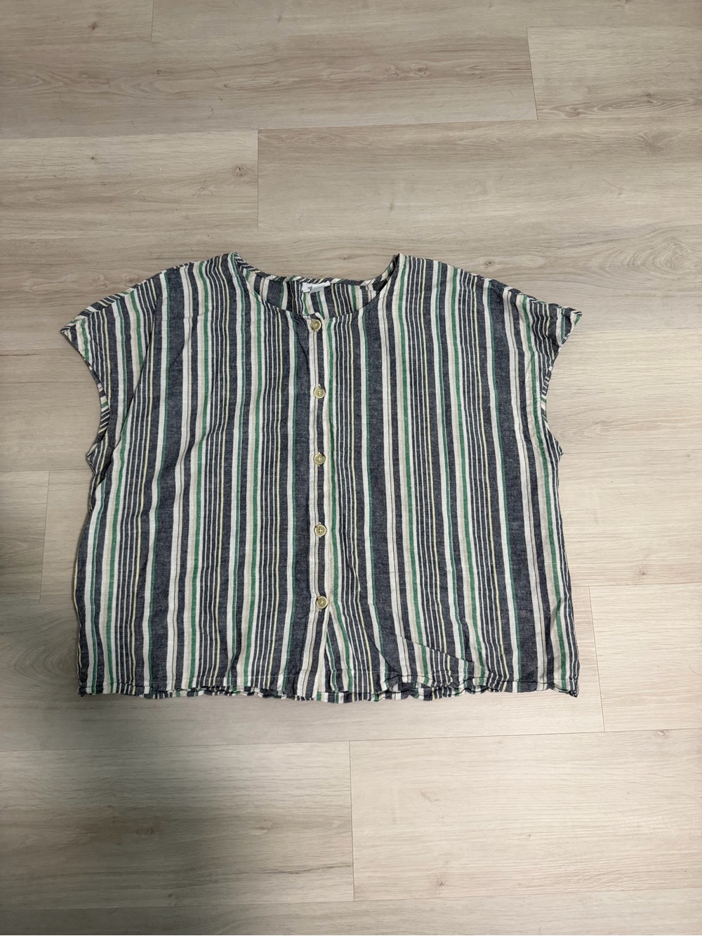 Liz Claiborne Navy, White & Green Striped Button-Front Top